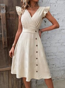 Breezaya Đầm Trọn gói Nút phía trước Xù màu trơn Giải trí - Màu be - Xem 4