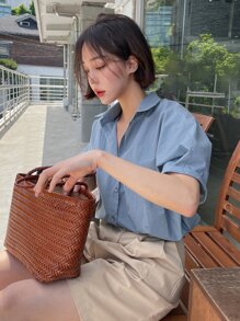 DAZY 純色扣前襯衫 - 藍色 - 查看 4