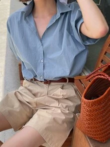 DAZY 純色扣前襯衫 - 藍色 - 查看 7