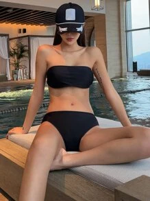 DAZY Solid Bandeau Bikini Set Summer Beach,Tankini Bathing Suit - Black - View 3