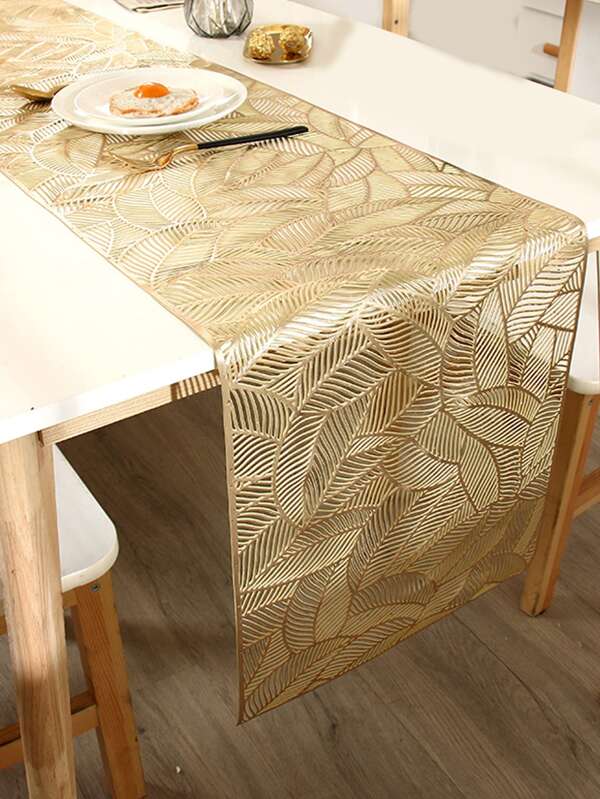 1pc PVC Table Runner, Metallic Leaf Pattern Hollow Out Kitchen Table Runner For Dining Table