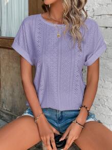 SHEIN LUNE 網眼刺繡蝙蝠袖T恤 - 紫色 - 查看 4