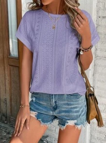 SHEIN LUNE 網眼刺繡蝙蝠袖T恤 - 紫色 - 查看 5