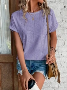 SHEIN LUNE 網眼刺繡蝙蝠袖T恤 - 紫色 - 查看 6