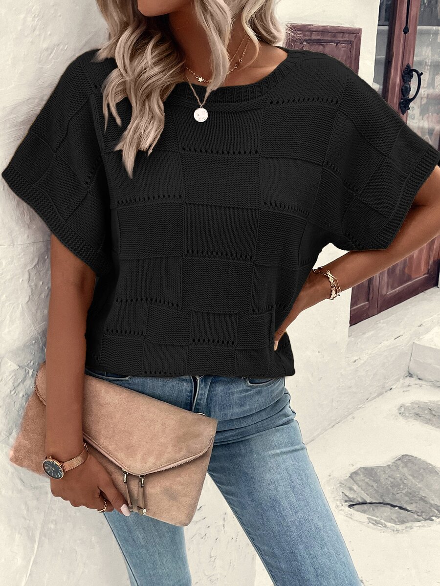 SHEIN LUNE 蝙蝠袖網眼針織上衣 - 黑色 - 查看 1