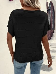 SHEIN LUNE 蝙蝠袖網眼針織上衣 - 黑色 - 查看 2