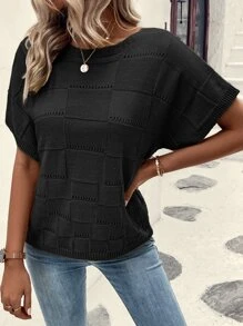 SHEIN LUNE 蝙蝠袖網眼針織上衣 - 黑色 - 查看 4