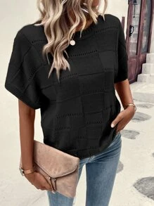 SHEIN LUNE 蝙蝠袖網眼針織上衣 - 黑色 - 查看 5