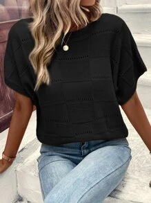 SHEIN LUNE 蝙蝠袖網眼針織上衣 - 黑色 - 查看 6