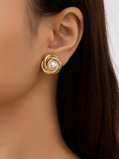 1 Pair Fashionable Retro Metal & Pearl Twist Clip-On Earrings, Gift For Date (No Piercing Required)