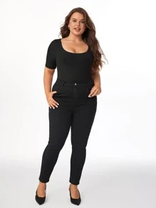 SHEIN BASICS 實心圓領連身衣 - 黑色 - 查看 7