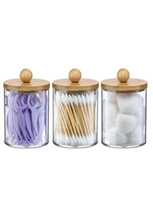 1/3 Hộp Bảo Quản Trong Suốt Có Que Làm Sạch, Lý Tưởng Cho Các Vật Dụng Phòng Tắm, Có Nắp Tre - Trong sáng - Xem 1