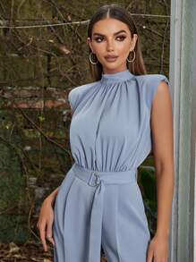 Simple And Retro Standing Collar Sleeveless Pleated Belt Slim Wide Leg Jumpsuit Woman - Blue - View 3