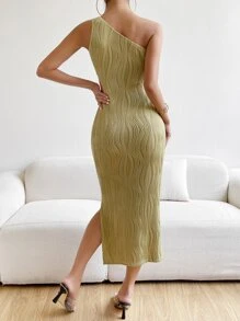 Zolique One Shoulder Split Bodycon Dress Maxi Women Outfit - Lime Green - View 2