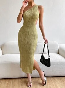 Zolique One Shoulder Split Bodycon Dress Maxi Women Outfit - Lime Green - View 3