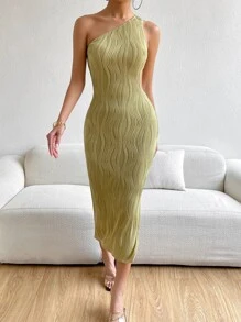 Zolique One Shoulder Split Bodycon Dress Maxi Women Outfit - Lime Green - View 4