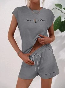 Chiquease Letter Graphic Batwing Sleeve Tee & Drawstring Waist Shorts