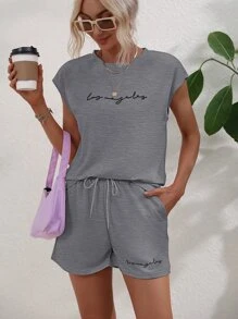 Chiquease Letter Graphic Batwing Sleeve Tee & Drawstring Waist Shorts