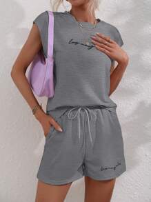 Chiquease Letter Graphic Batwing Sleeve Tee & Drawstring Waist Shorts