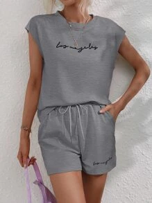 Chiquease Letter Graphic Batwing Sleeve Tee & Drawstring Waist Shorts