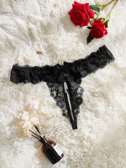 Tanga calado con encaje floral, tanga con abertura en la entrepierna