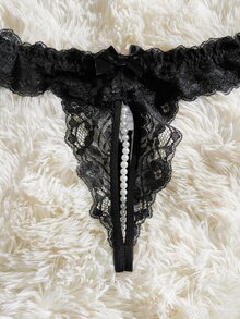 SHEIN Tanga calado con encaje floral, tanga con abertura en la entrepierna - Negro - Ver 5