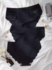 Plus 3pack Contrast Lace Scallop Trim Panty Set - Black - View 1