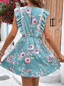 SHEIN WYWH Vestido con estampado floral con encaje ribete con fruncido - Azul menta - Ver 2