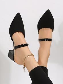 Mujer Zapatos de salón destalonados de punta con tacón grueso elegante negro de tela para exterior - Negro - Ver 2