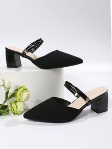 Mujer Zapatos de salón destalonados de punta con tacón grueso elegante negro de tela para exterior - Negro - Ver 5
