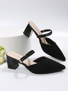 Mujer Zapatos de salón destalonados de punta con tacón grueso elegante negro de tela para exterior - Negro - Ver 6