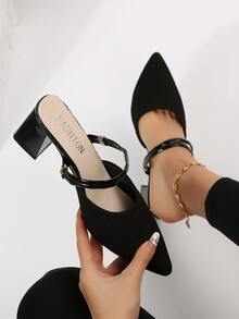 Mujer Zapatos de salón destalonados de punta con tacón grueso elegante negro de tela para exterior - Negro - Ver 8