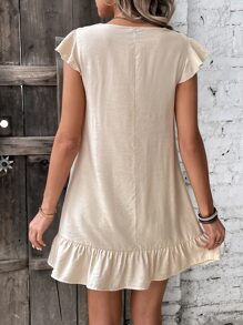 SHEIN Holidaya Floral Embroidery Notched Neck Ruffle Hem Smock Dress - Apricot - View 2