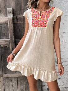 SHEIN Holidaya Floral Embroidery Notched Neck Ruffle Hem Smock Dress - Apricot - View 5
