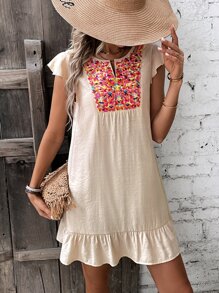 SHEIN Holidaya Floral Embroidery Notched Neck Ruffle Hem Smock Dress - Apricot - View 3