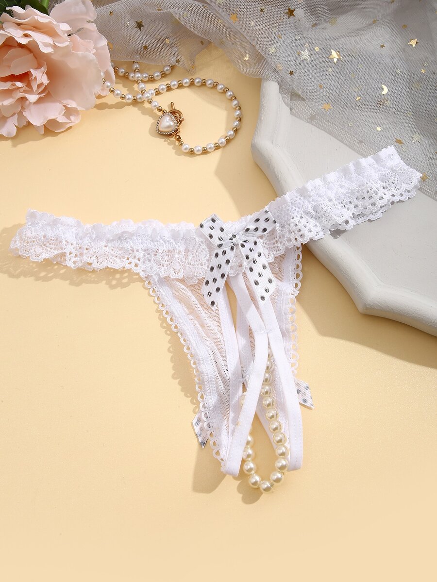 FINETOO Polka Dot Bow Decor Thong - White - View 1