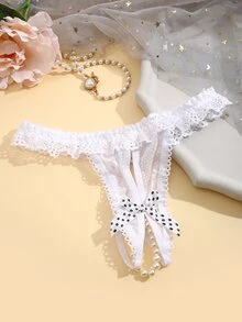 FINETOO Polka Dot Bow Decor Thong - White - View 2