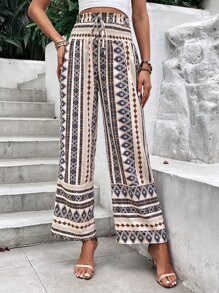 SHEIN Holidaya Geo Print Drawstring Waist Ruffle Hem Wide Leg Pants Fall Cloth For Women - Apricot - View 5