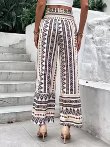 SHEIN Holidaya Geo Print Drawstring Waist Ruffle Hem Wide Leg Pants Fall Cloth For Women - Apricot - View 2