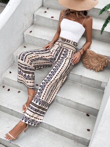 SHEIN Holidaya Geo Print Drawstring Waist Ruffle Hem Wide Leg Pants Fall Cloth For Women - Apricot - View 1