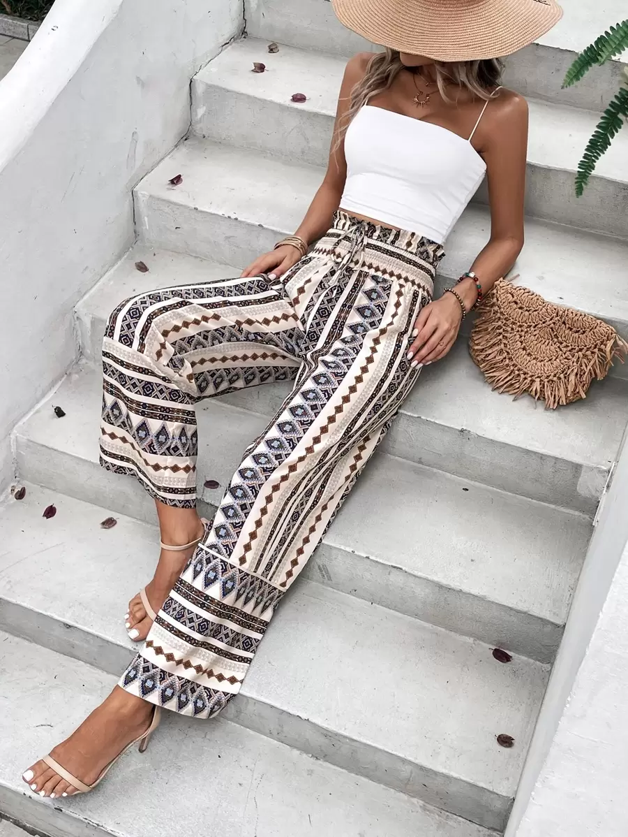 SHEIN Holidaya Geo Print Drawstring Waist Ruffle Hem Wide Leg Pants Fall Cloth For Women - Apricot - View 1