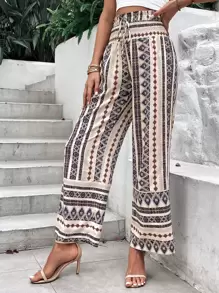 SHEIN Holidaya Geo Print Drawstring Waist Ruffle Hem Wide Leg Pants Fall Cloth For Women - Apricot - View 3