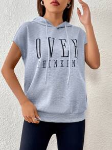SHEIN LUNE Letter Graphic Batwing Sleeve Drawstring Hoodie - Light Grey - View 4