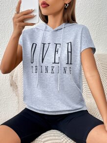 SHEIN LUNE Letter Graphic Batwing Sleeve Drawstring Hoodie - Light Grey - View 5