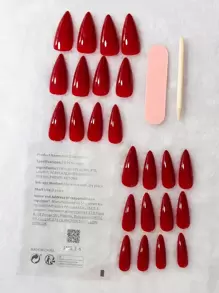 Instantly Upgrade Your Look With 24pcs Long Stiletto Red Solid Glossy Fake Nail & 1sheet Tape & 1pc Nail File & 1pc Stick Press On Nails Nail Supplies