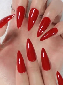 Instantly Upgrade Your Look With 24pcs Long Stiletto Red Solid Glossy Fake Nail & 1sheet Tape & 1pc Nail File & 1pc Stick Press On Nails Nail Supplies