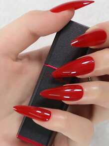 Instantly Upgrade Your Look With 24pcs Long Stiletto Red Solid Glossy Fake Nail & 1sheet Tape & 1pc Nail File & 1pc Stick Press On Nails Nail Supplies