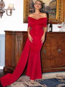 Missord 一字肩打褶細節魚尾裙下擺正式連衣裙 - 紅色 - 查看 1