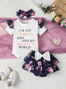 Baby Slogan Graphic Ruffle Trim Bodysuit & Bow Front Skirt - Multicolor - View 1