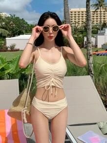DAZY 實心系帶前夏季沙灘比基尼套裝 - 杏色 - 查看 2
